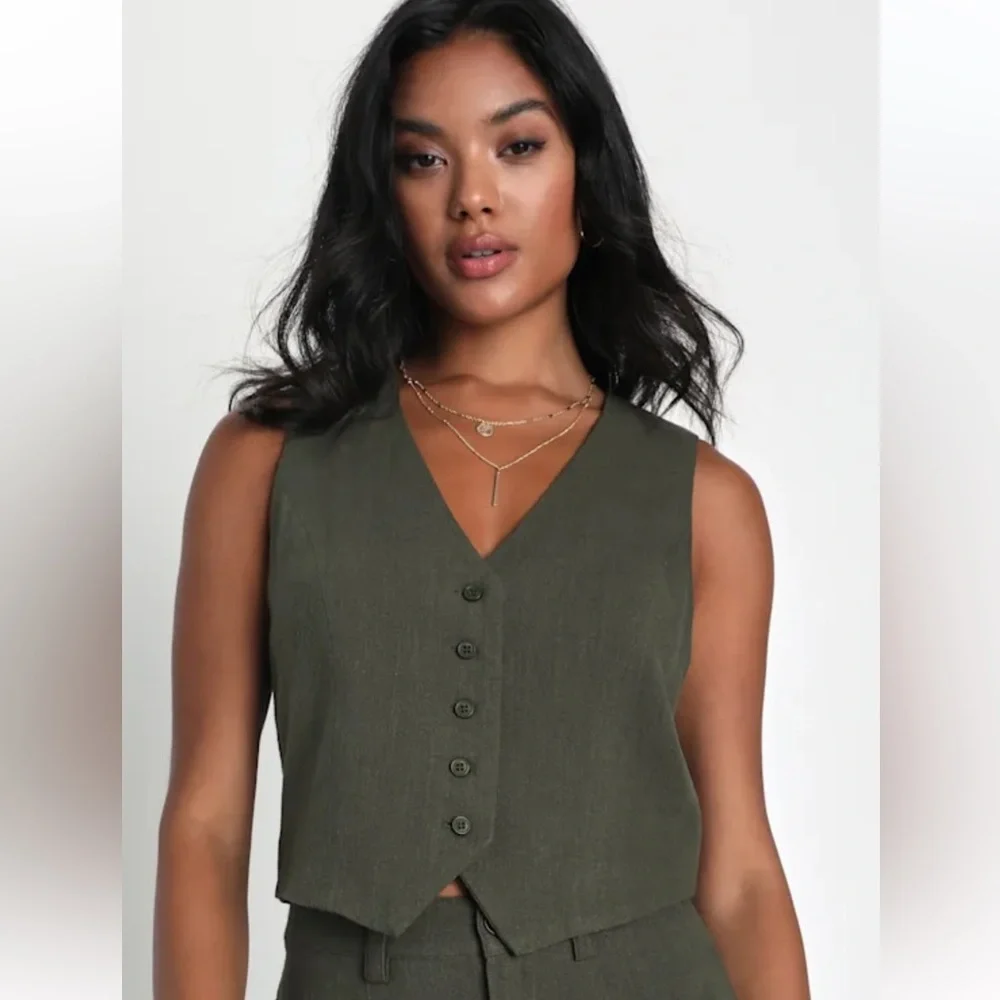 Lulus Olive Green Linen Blend Button Front Tailored Vest NWT Size S